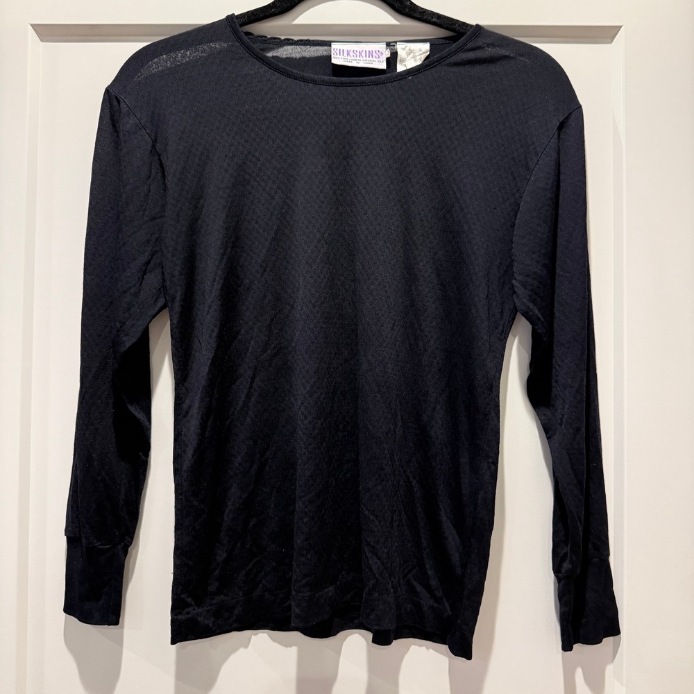90s Minimalist SilkSkins Black 100% Silk Sheer Textured Long Sleeve Top L